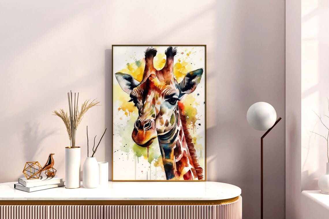 Giraffe Watercolor Portrait Yellow Splash Safari Animal Poster - Image 4