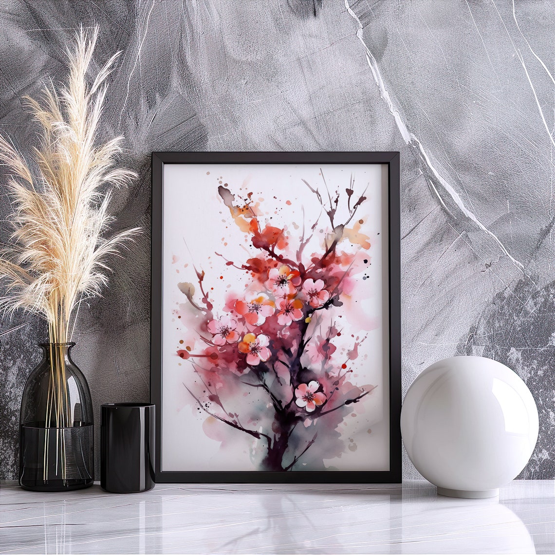 Expressive Pink Blossom Branch Watercolor Artistic Floral Poster - Image 5
