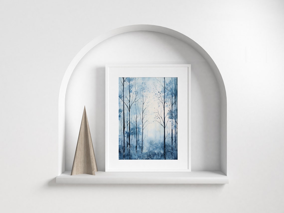 Blue Winter Birch Trees Watercolor Bare Branches Forest Poster - Image 3