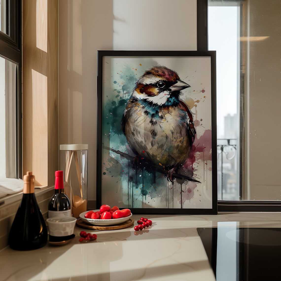 Sparrow Watercolor Portrait Perched Songbird Splash Art Poster - Image 5