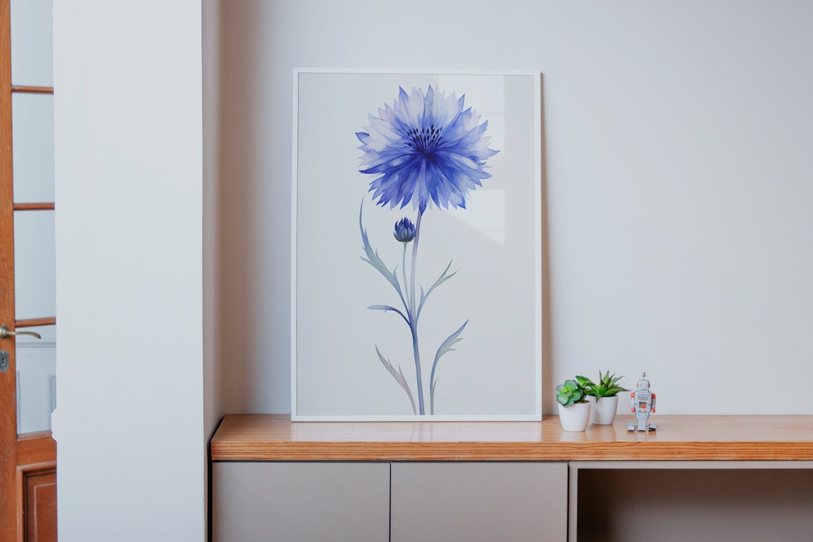 Single Blue Cornflower Bloom Watercolor Botanical Art Poster - Image 2