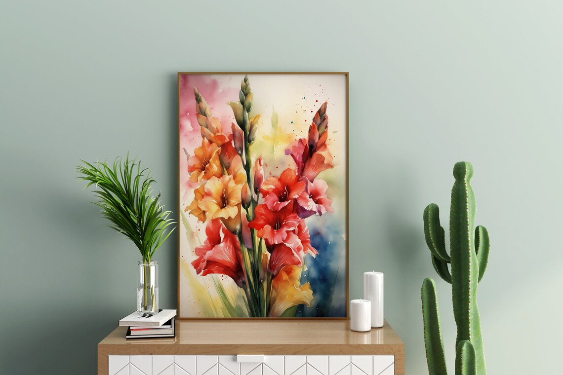 Red Gladiolus Flowers Watercolor Vibrant Floral Summer Art Poster - Image 3