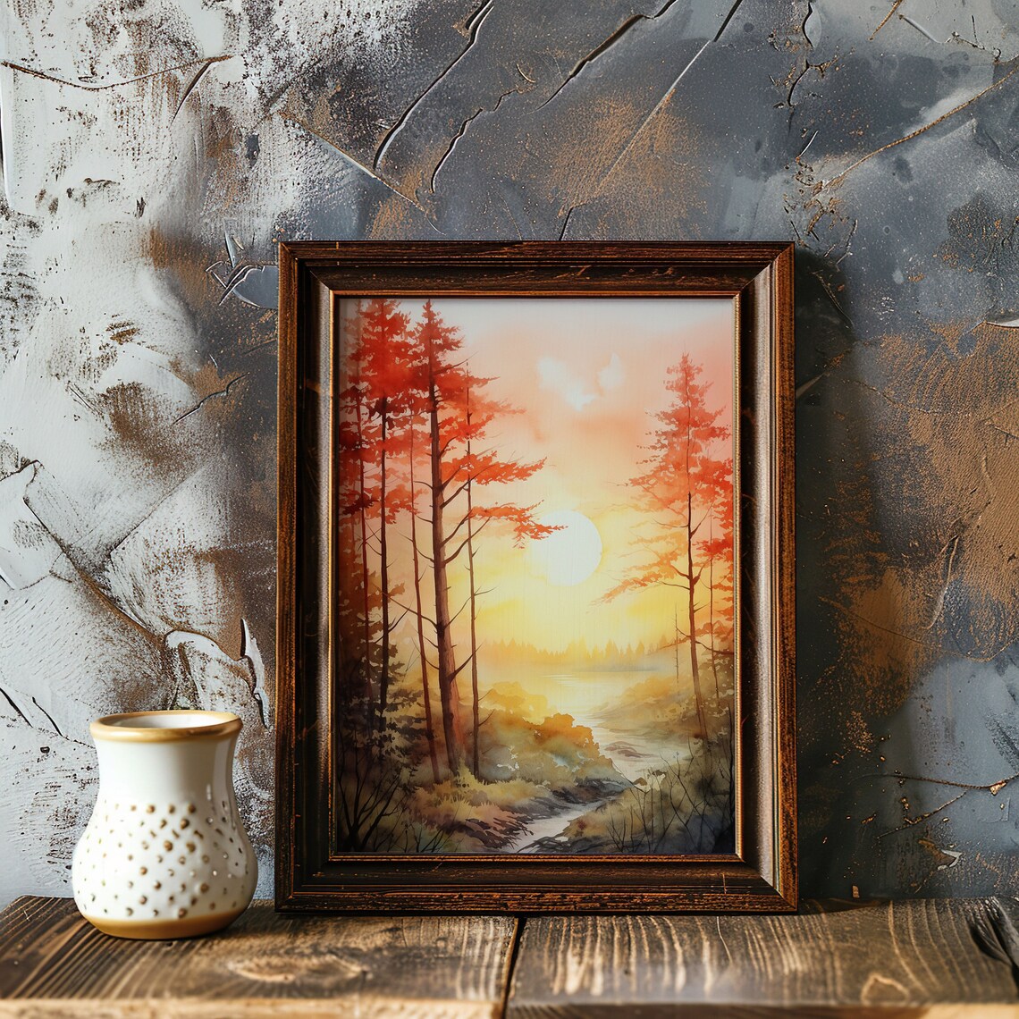 Autumn Sunrise Forest Watercolor Painting Poster with Fiery Orange Trees - Image 2