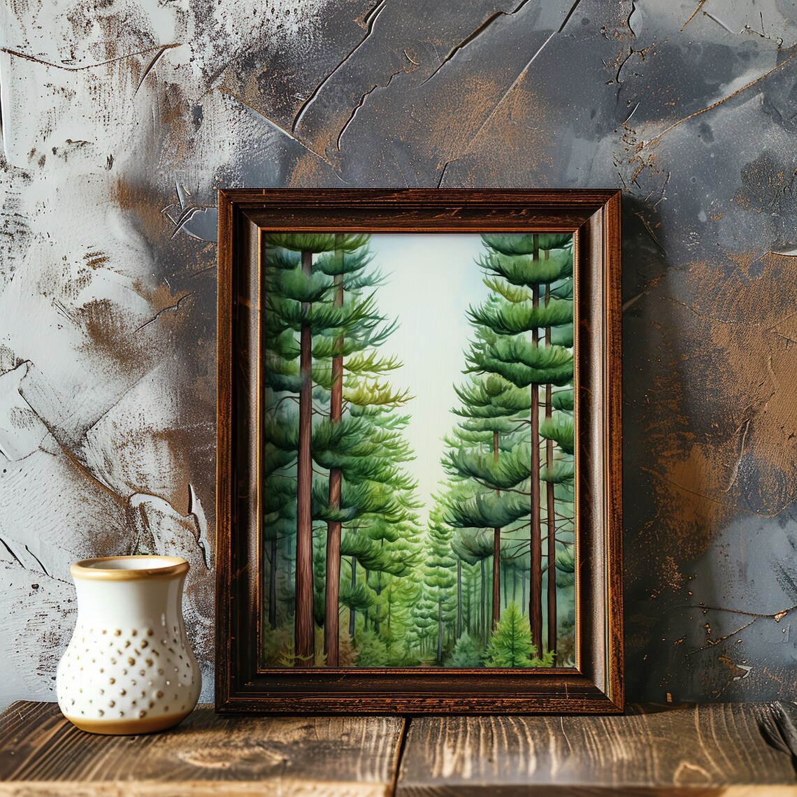 Towering Pine Forest Sunlit Corridor Watercolor Woodland Poster - Image 3