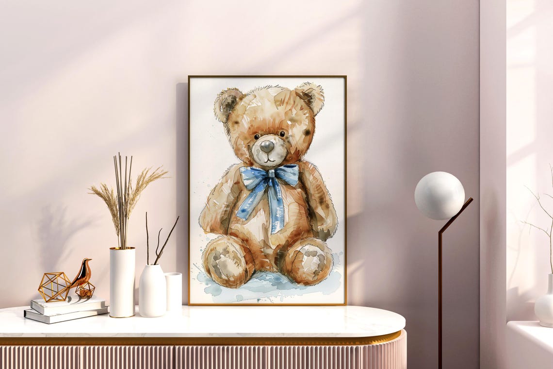 Teddy Bear Watercolor Blue Bow Nursery Baby Room Decor Art Poster - Image 3