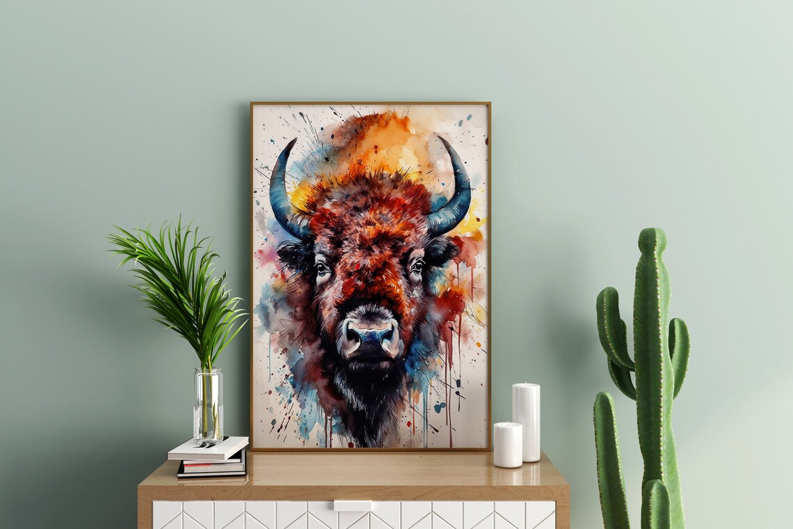 Colorful Bison Watercolor Buffalo Wildlife Western Nature Art Poster - Image 5