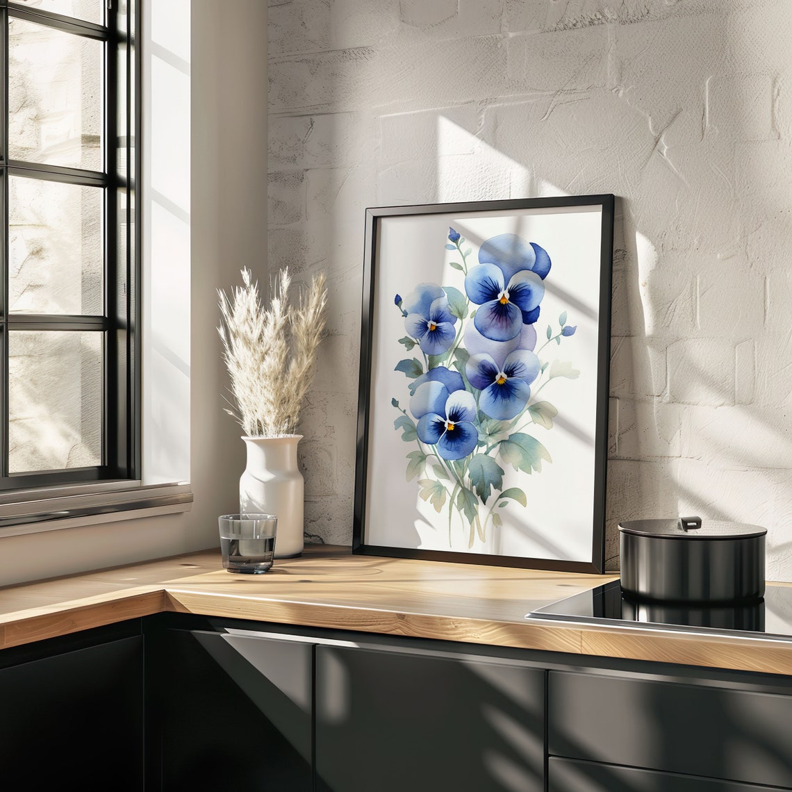 Blue and Purple Pansies Watercolor Blooming Bouquet Floral Art Poster - Image 3