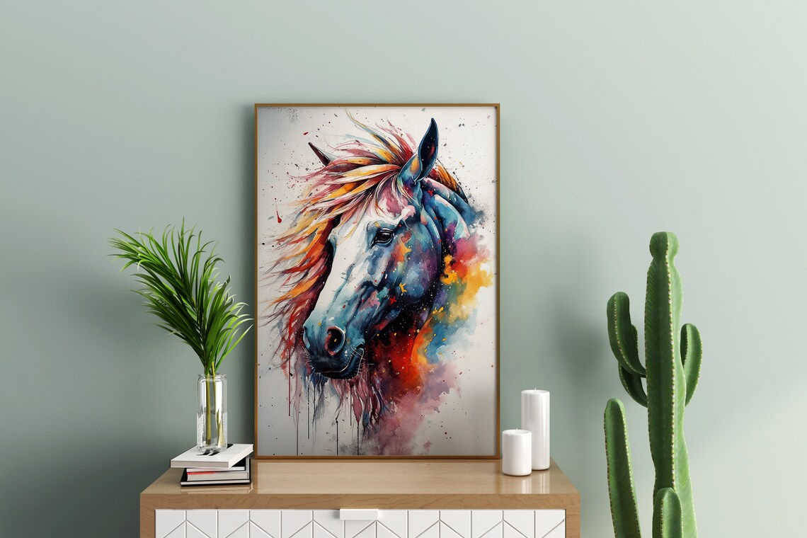 Colorful Horse Watercolor Portrait Rainbow Mane Splash Art Poster - Image 4