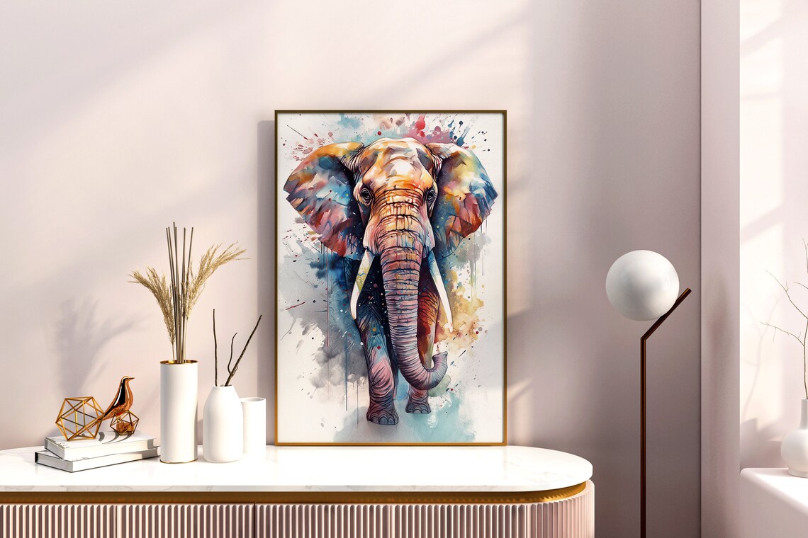 Colorful Elephant Face Watercolor Splash Wildlife Portrait Poster - Image 5