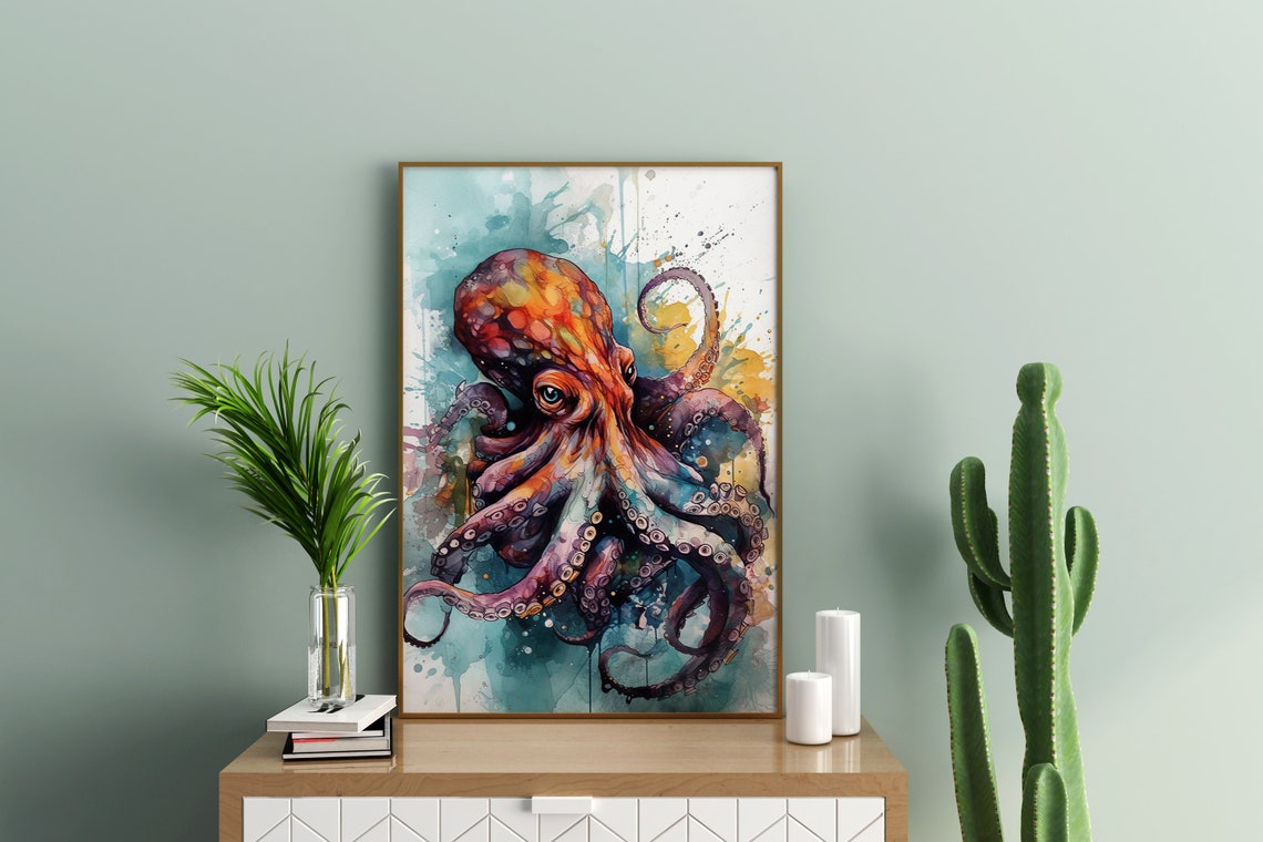 Octopus Watercolor Portrait Sea Creature Red Teal Art Poster - Image 4