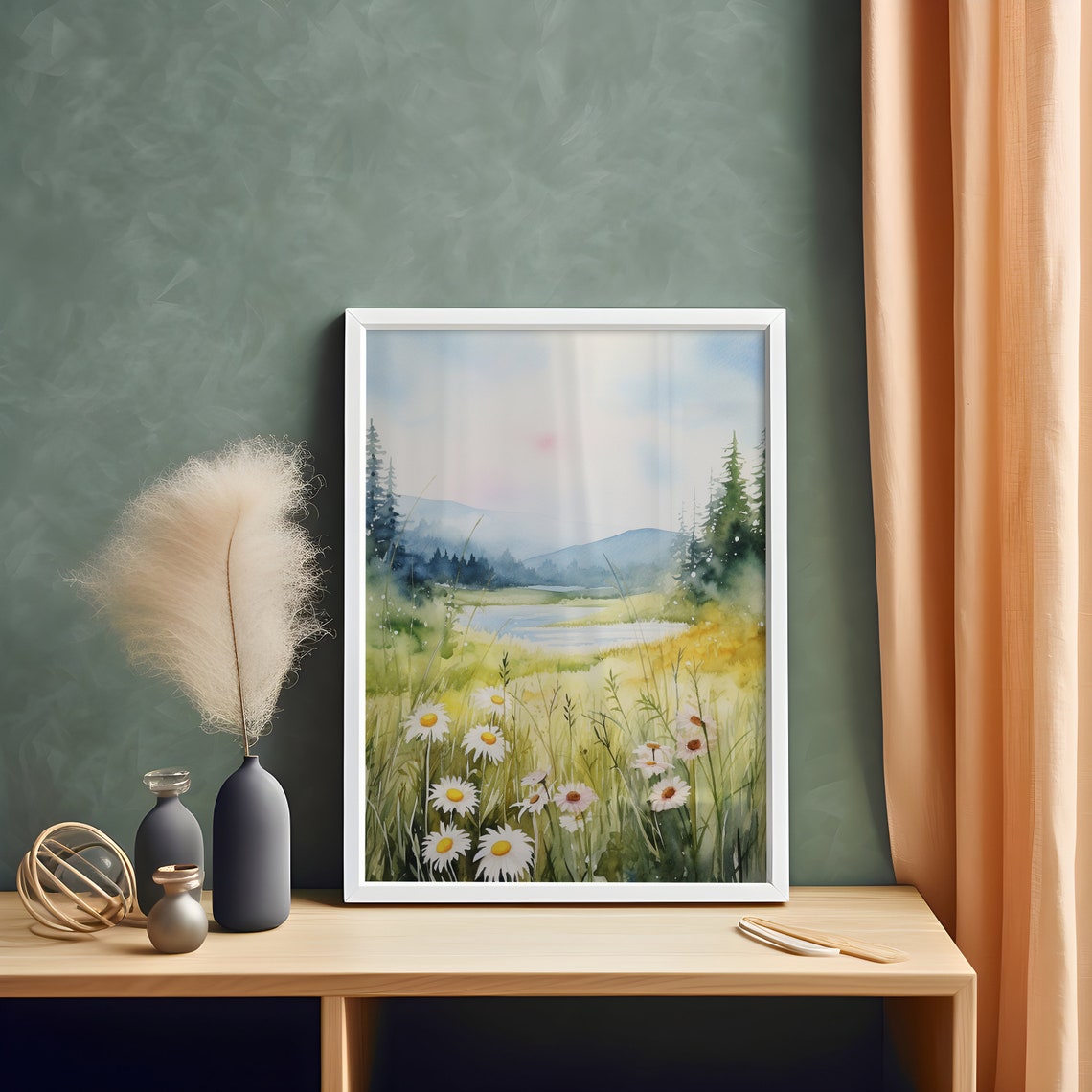 White Daisy Field Watercolor Meadow Lake Wildflowers Art Poster - Image 2