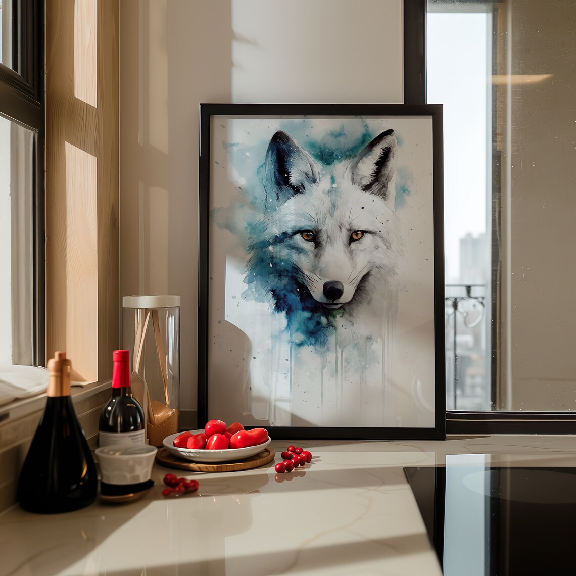 Arctic Fox Portrait Icy Blue Watercolor Winter Animal Poster - Image 3