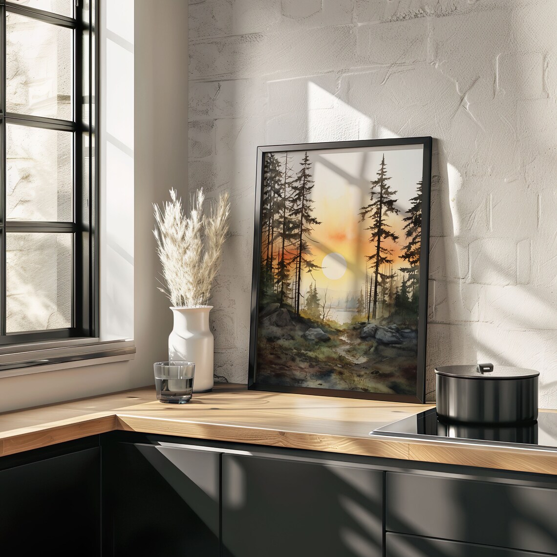 Forest Sunset Watercolor Painting Poster with Golden Sun and Tall Pines - Image 3