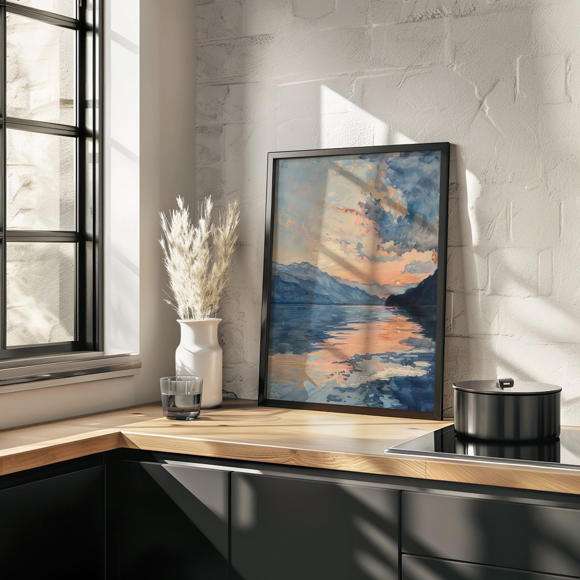 Mountain Lake Sunset Watercolor Reflection Evening Scene Poster - Image 2