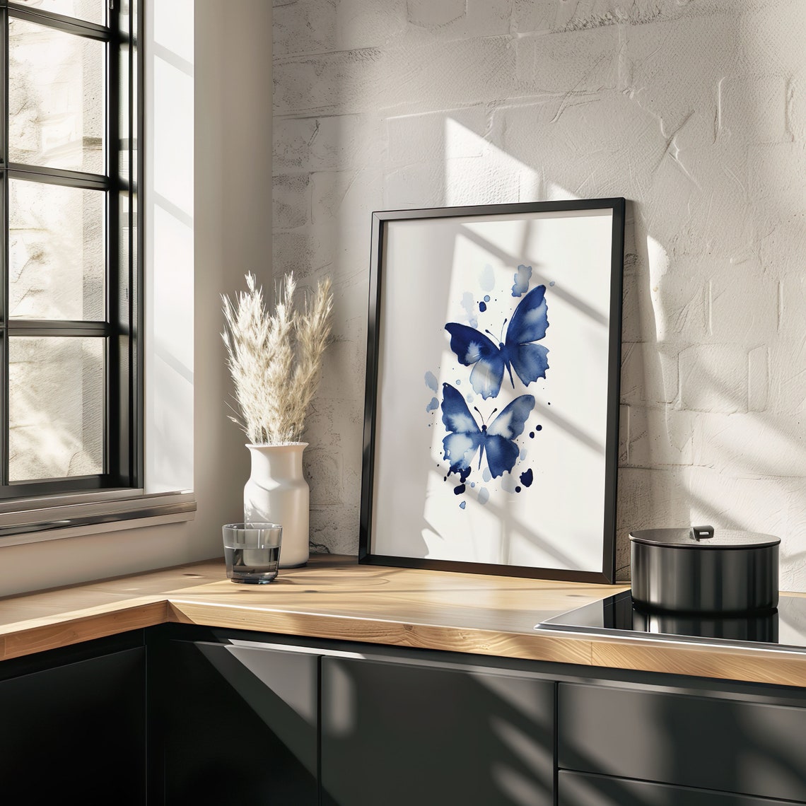 Two Blue Butterflies Watercolor Splash Flight Garden Wall Poster - Image 4
