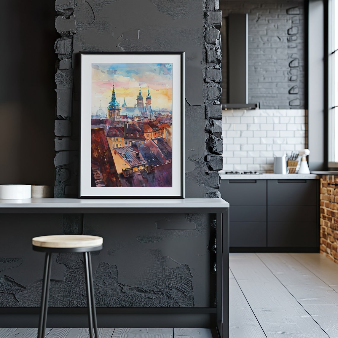 Historic European Old Town Sunset Watercolor Rooftop Scene Poster - Image 2
