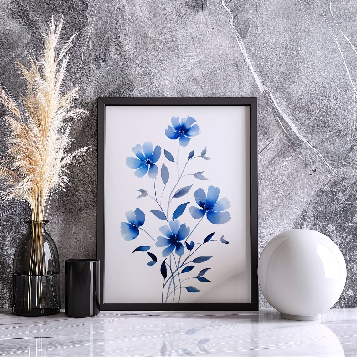 Blue Wildflowers Watercolor Bouquet Simple Stems Minimalist Floral Poster - Image 4