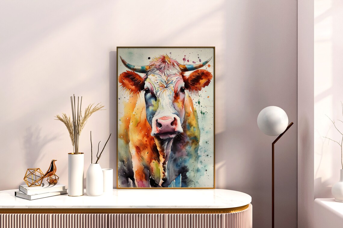 Cheerful Colorful Cow Portrait Watercolor Farm Animal Art Poster - Image 5