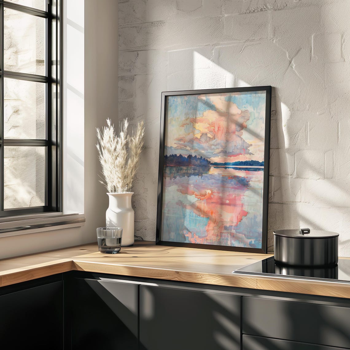 Pink Sunset Clouds Over Still Lake Watercolor Reflection Poster - Image 2