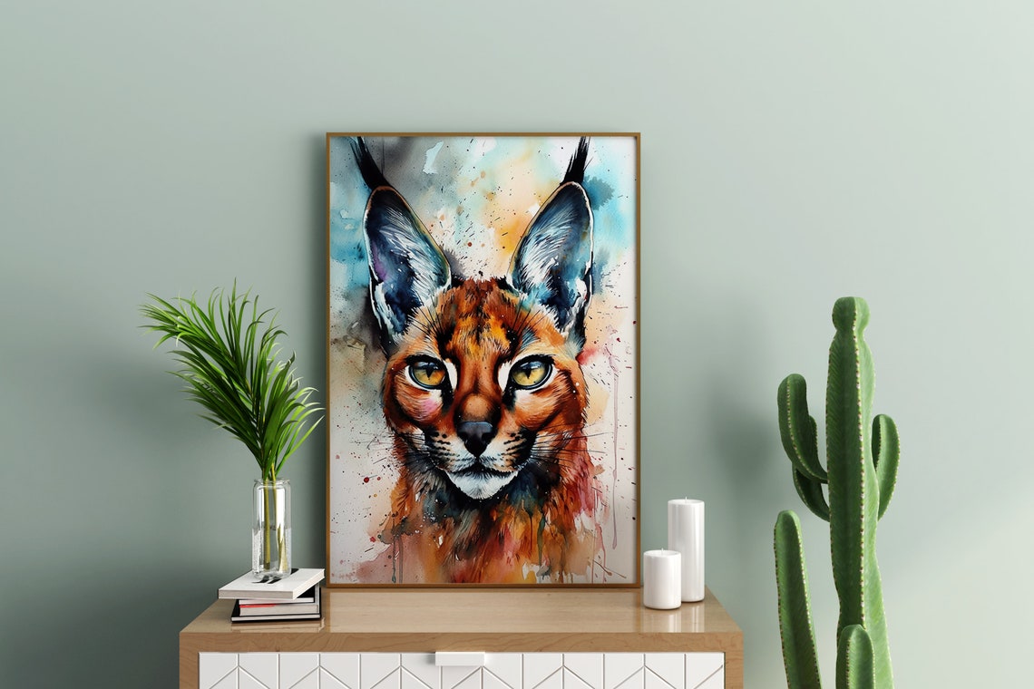 Caracal Wild Cat Face Watercolor Splash Exotic Portrait Poster - Image 3
