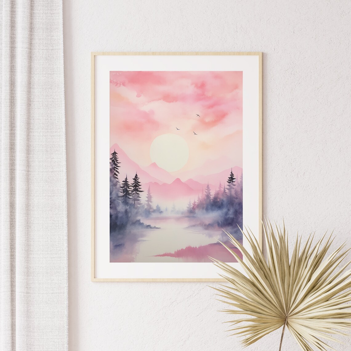 Pink Sunrise Over Misty Purple Mountains Pine Forest Lake Watercolor Poster - Image 4