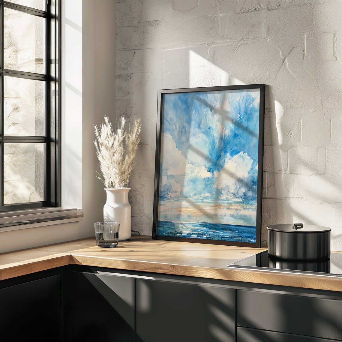 Blue Sky Clouds Over Ocean Watercolor Seascape Artwork Poster - Image 2