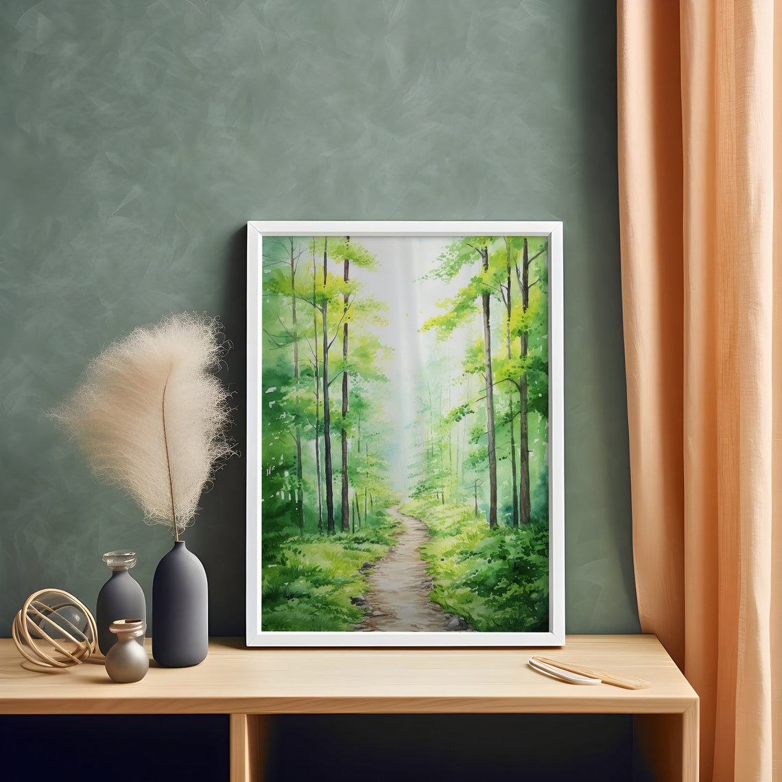 Sunlit Green Forest Path Bright Watercolor Lush Woodland Art Poster - Image 5