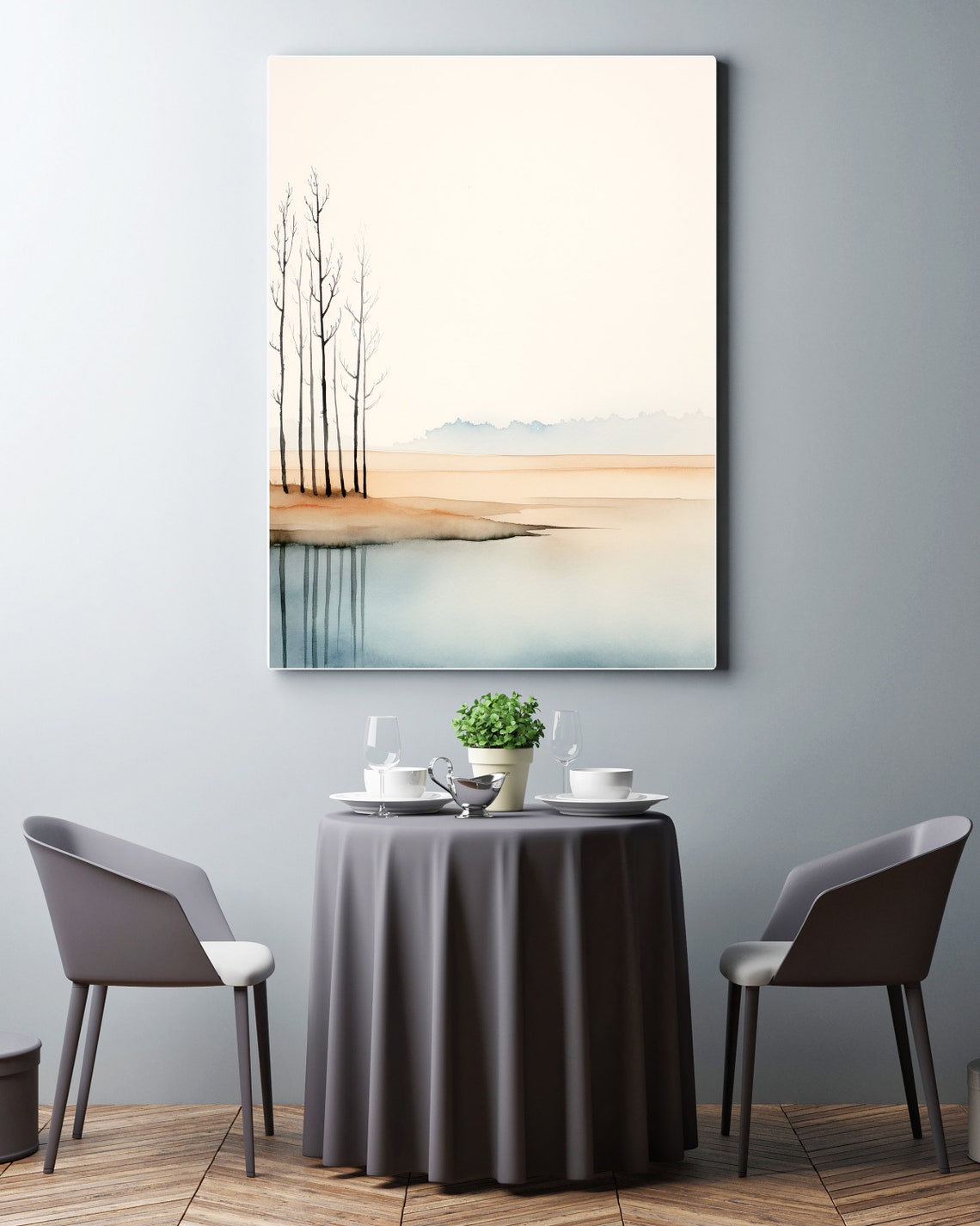 Rocky Seashore Bare Winter Trees Calm Lake Watercolor Art Poster - Image 3