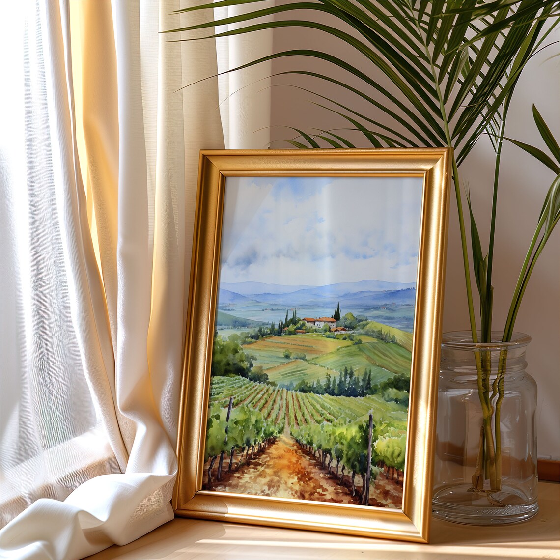 Rolling Vineyard Hills Villa Watercolor Italian Countryside Landscape Poster - Image 3