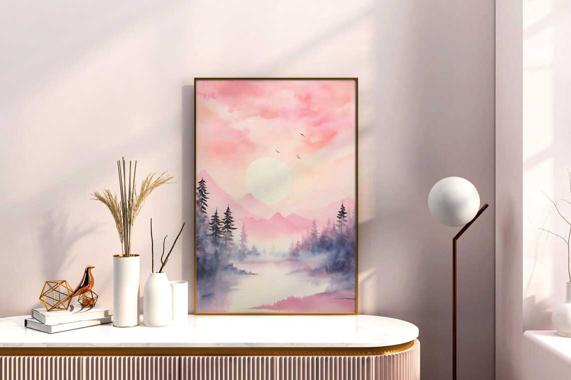 Pink Sunrise Over Misty Purple Mountains Pine Forest Lake Watercolor Poster - Image 3