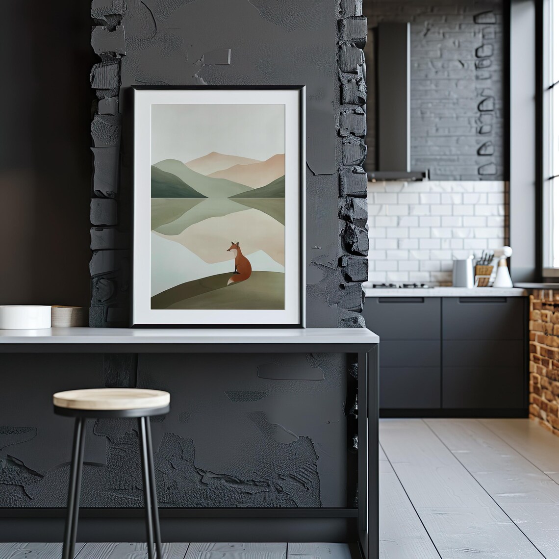 Minimalist Red Fox Mountain Lake Watercolor Painting Poster for Modern Homes - Image 4