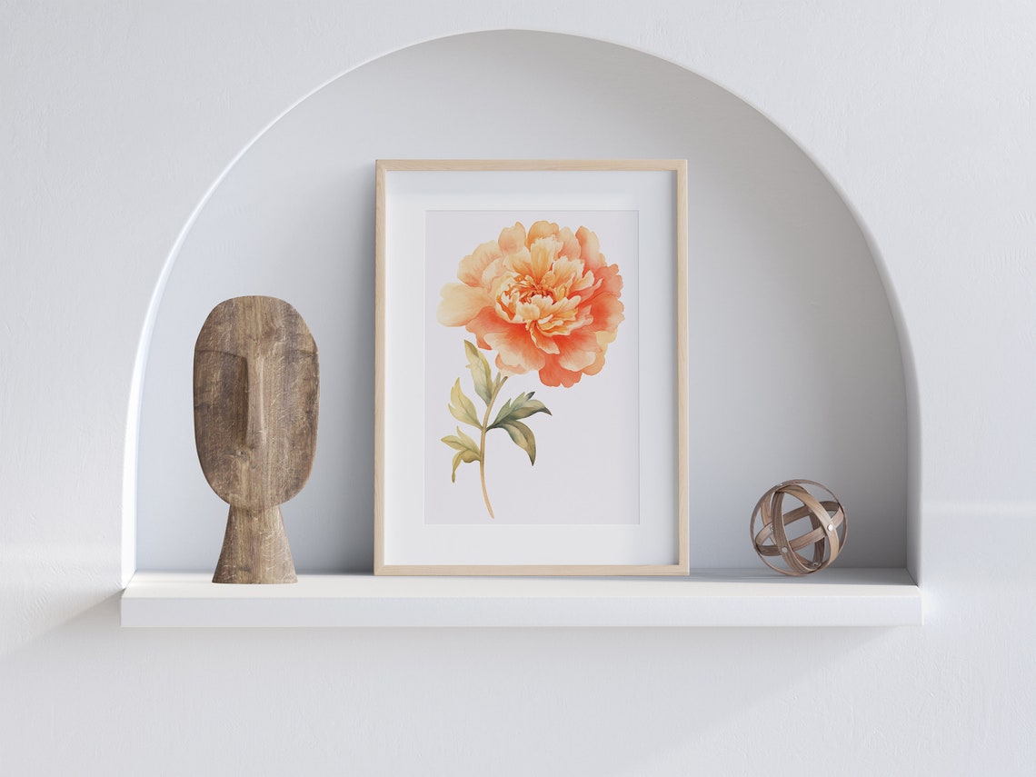 Peach Orange Peony Lush Bloom Watercolor Detailed Floral Art Poster - Image 2