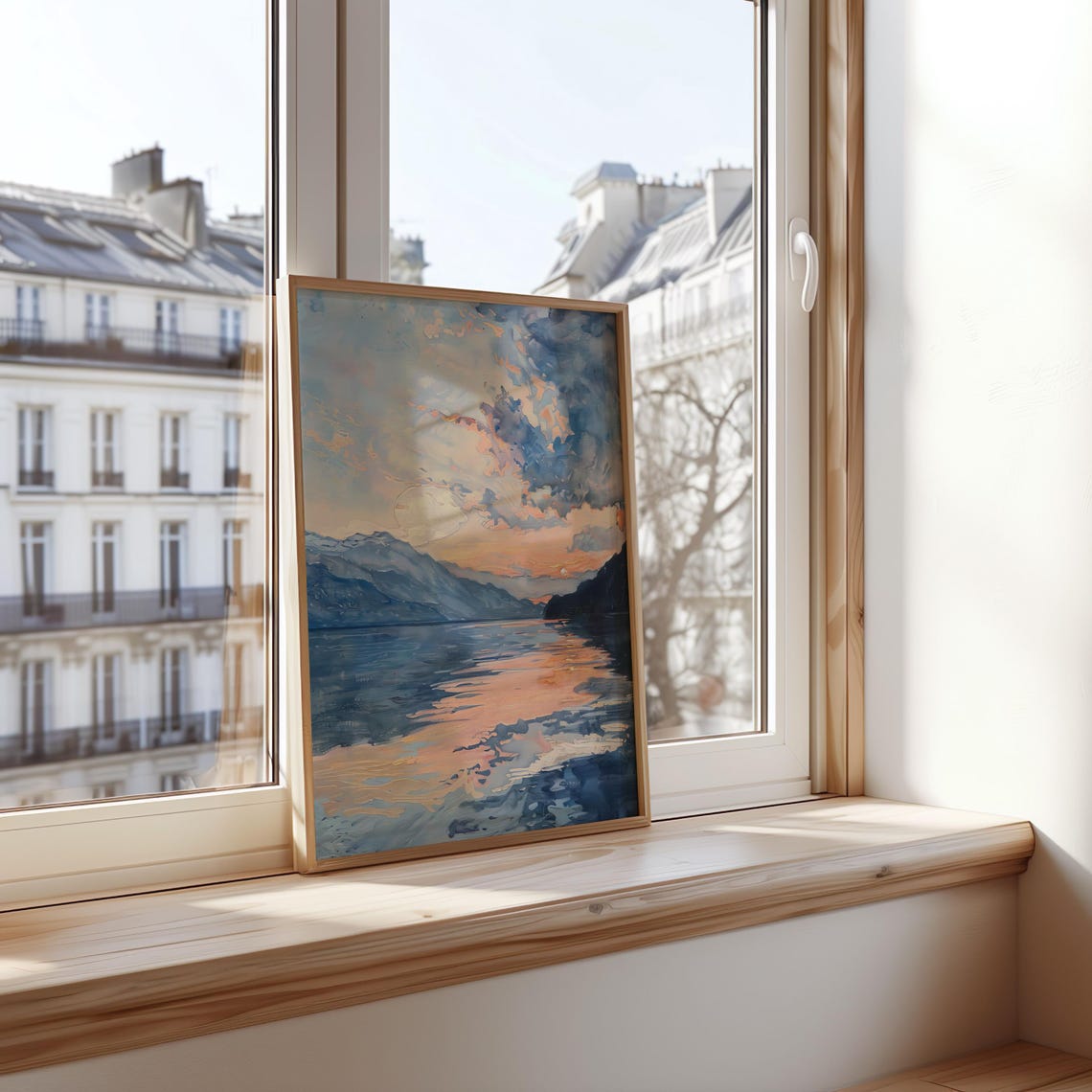Pink Sunset Clouds Over Still Lake Watercolor Reflection Poster - Image 4