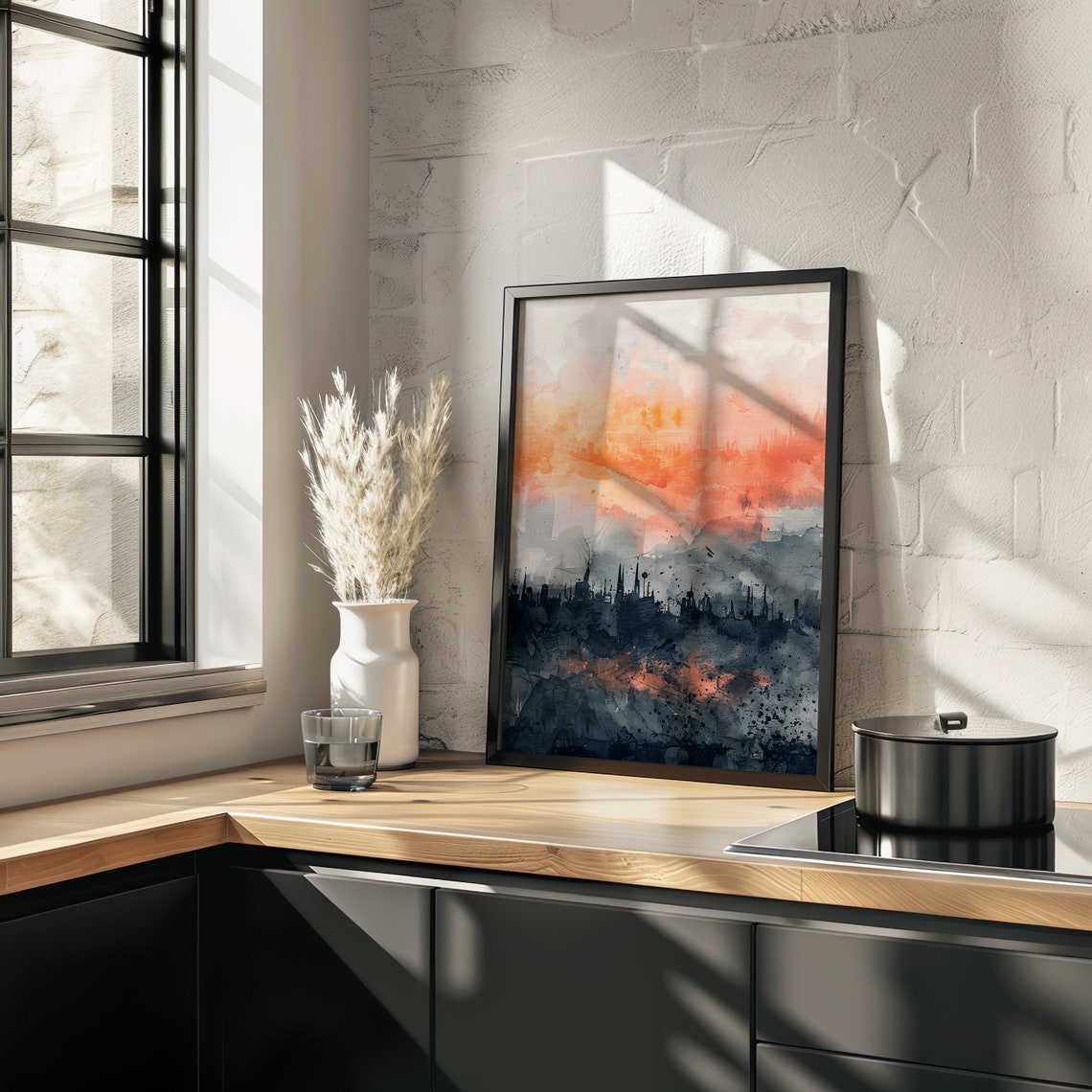 Dark City Skyline Watercolor Orange Sky Abstract Scene Poster - Image 2