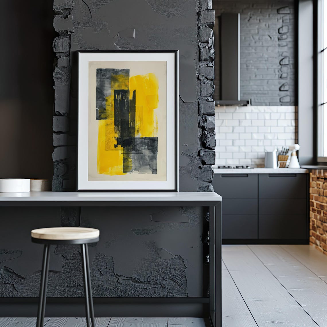 Mustard Yellow Black Geometric Abstract Watercolor Art Print - Image 2