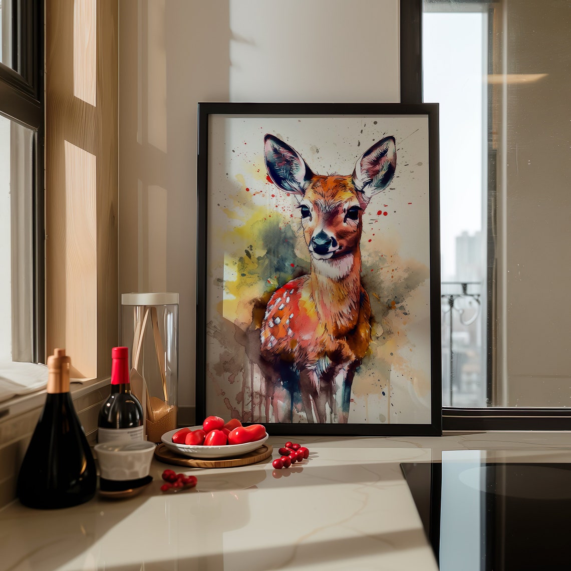 Baby Deer Fawn Watercolor Portrait Cute Wildlife Splash Poster - Image 3