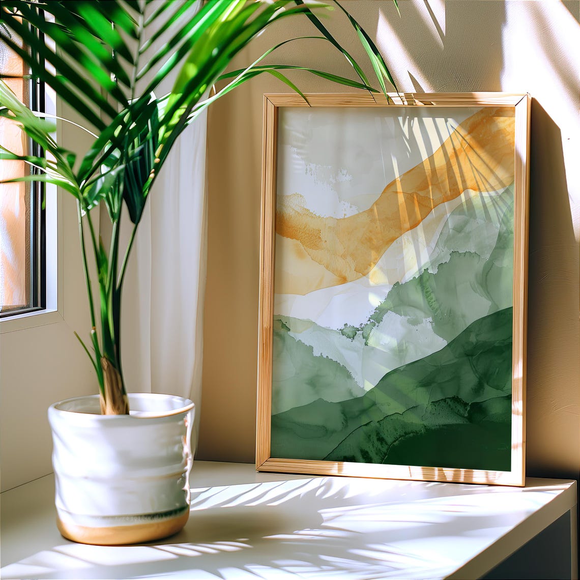 Amber Sky Green Hills Abstract Watercolor Modern Landscape Poster - Image 2