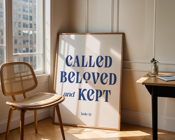 Christian Wall Art Called Beloved And Kept Bible Verse Sign Jude 11 Scripture Decor Modern Minimal Kitchen Print Retro Blue