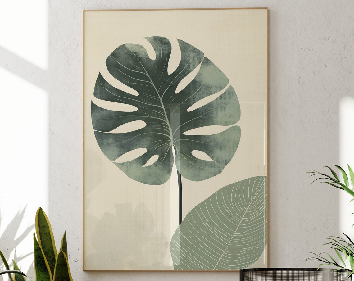Botanical Wall Art Monstera Leaf Sage Green Japandi