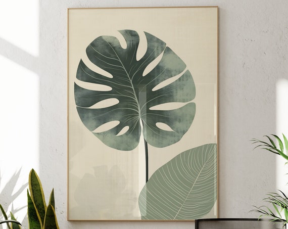 Botanical Wall Art Monstera Leaf Sage Green Japandi