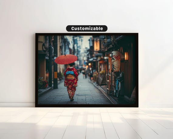 Crimson Kimono Woman Walking Alone On Quiet Kyoto Street Japanese Wall Art Print Zen Asian Decor