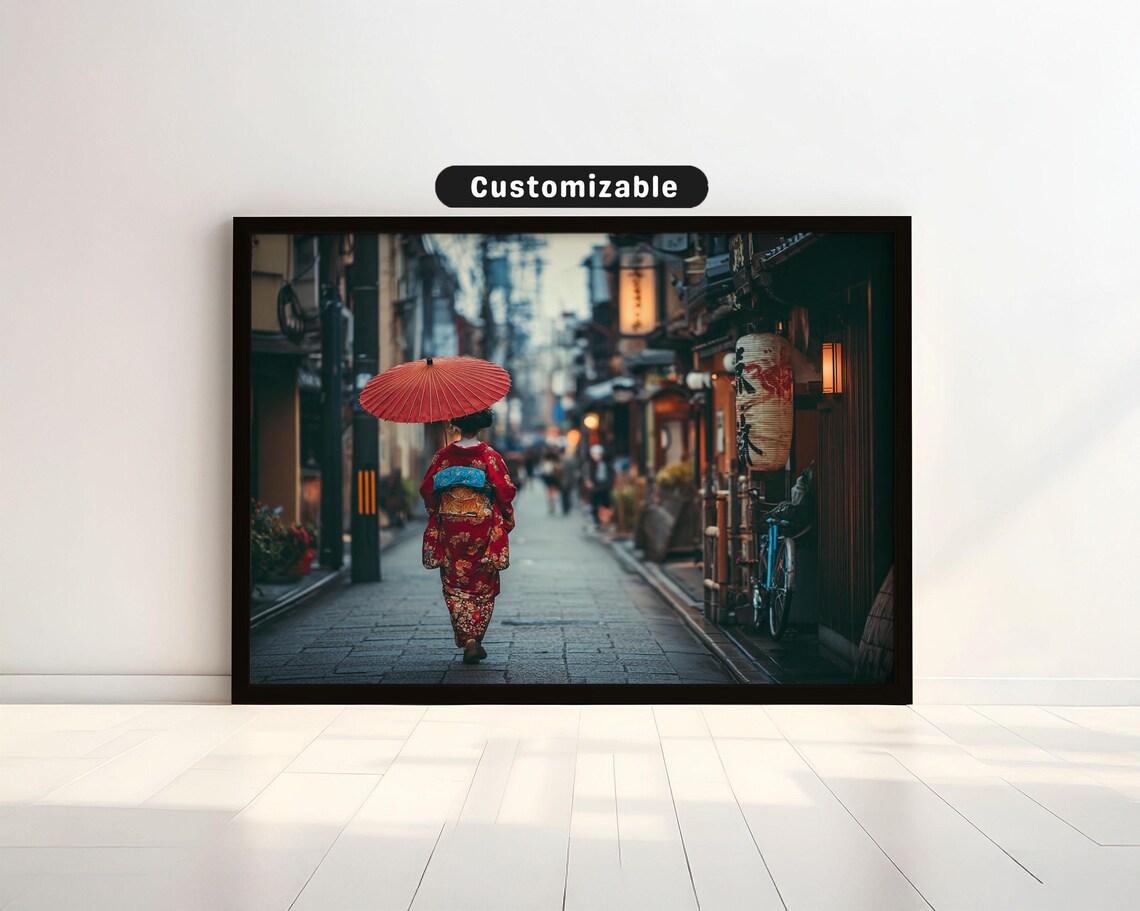 Woman In Red Kimono Walking Lantern Lit Kyoto Street Japan Poster