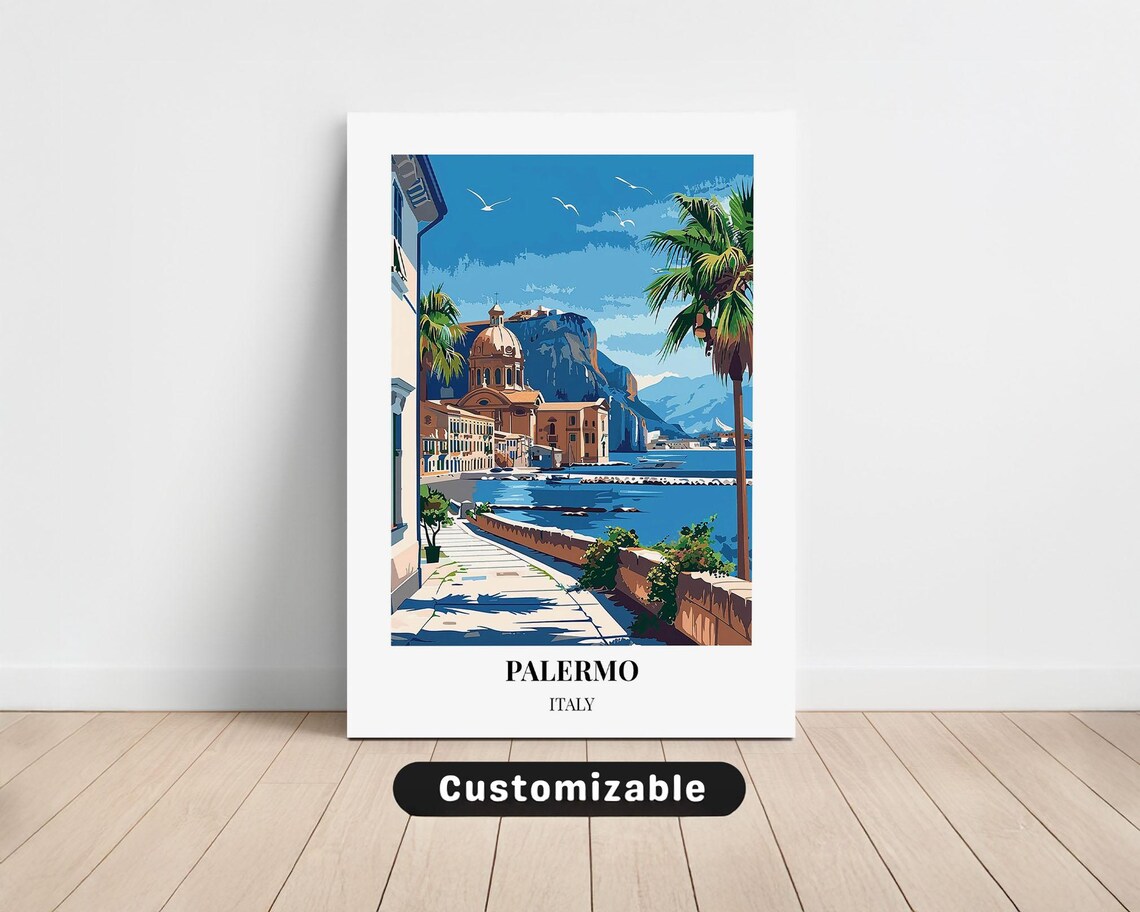 Palermo Italy Sunny Waterfront Promenade Church Mountain Poster