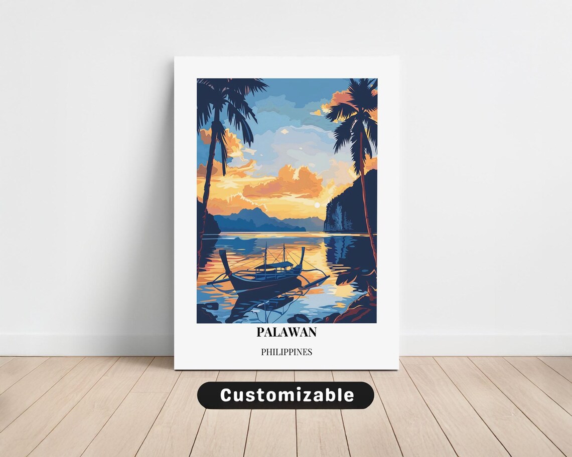 Palawan Philippines Golden Sunset Outrigger Boat Travel Art Poster