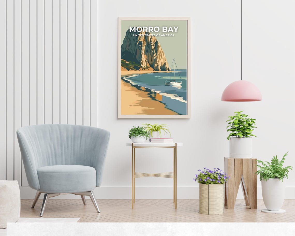 Morro Bay Ocean Rock Formation Sailboat Sunset Travel Poster - Image 2