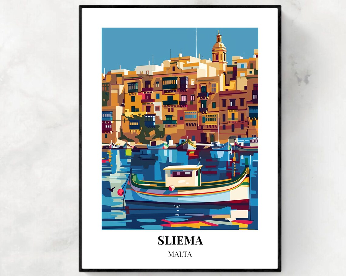 Sliema Malta Colorful Harbor Houses Traditional Luzzu Boat Poster