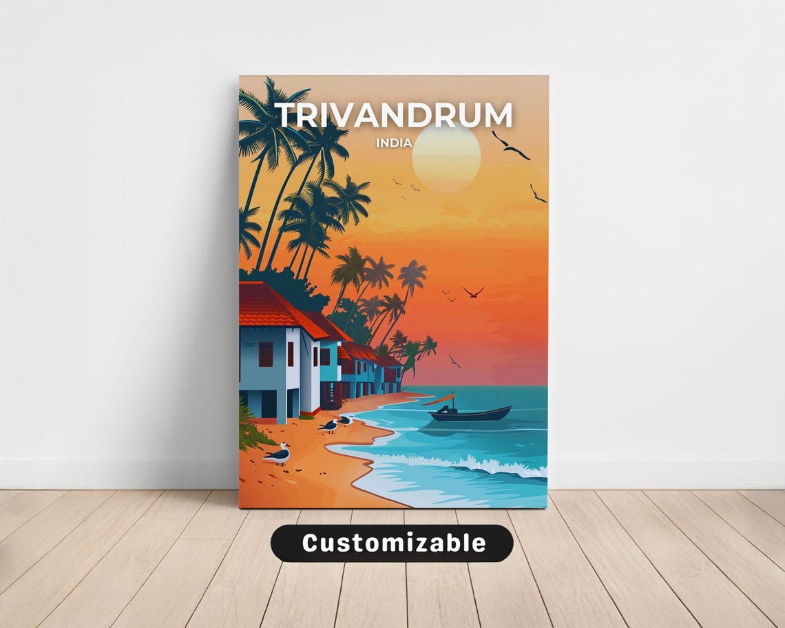 Trivandrum India Tropical Beach Sunset Travel Poster with Palm Trees