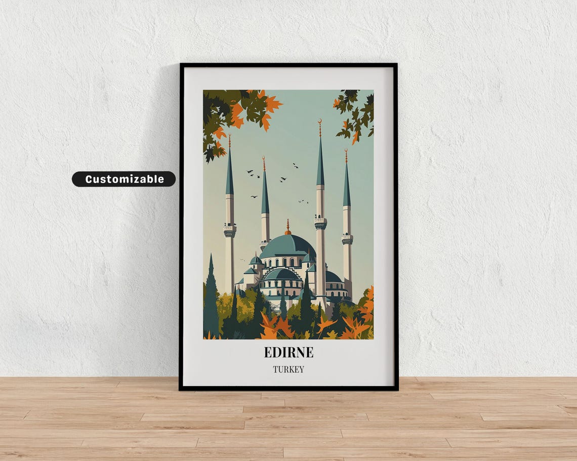 Edirne Turkey Blue Domed Mosque Minarets Autumn Travel Poster