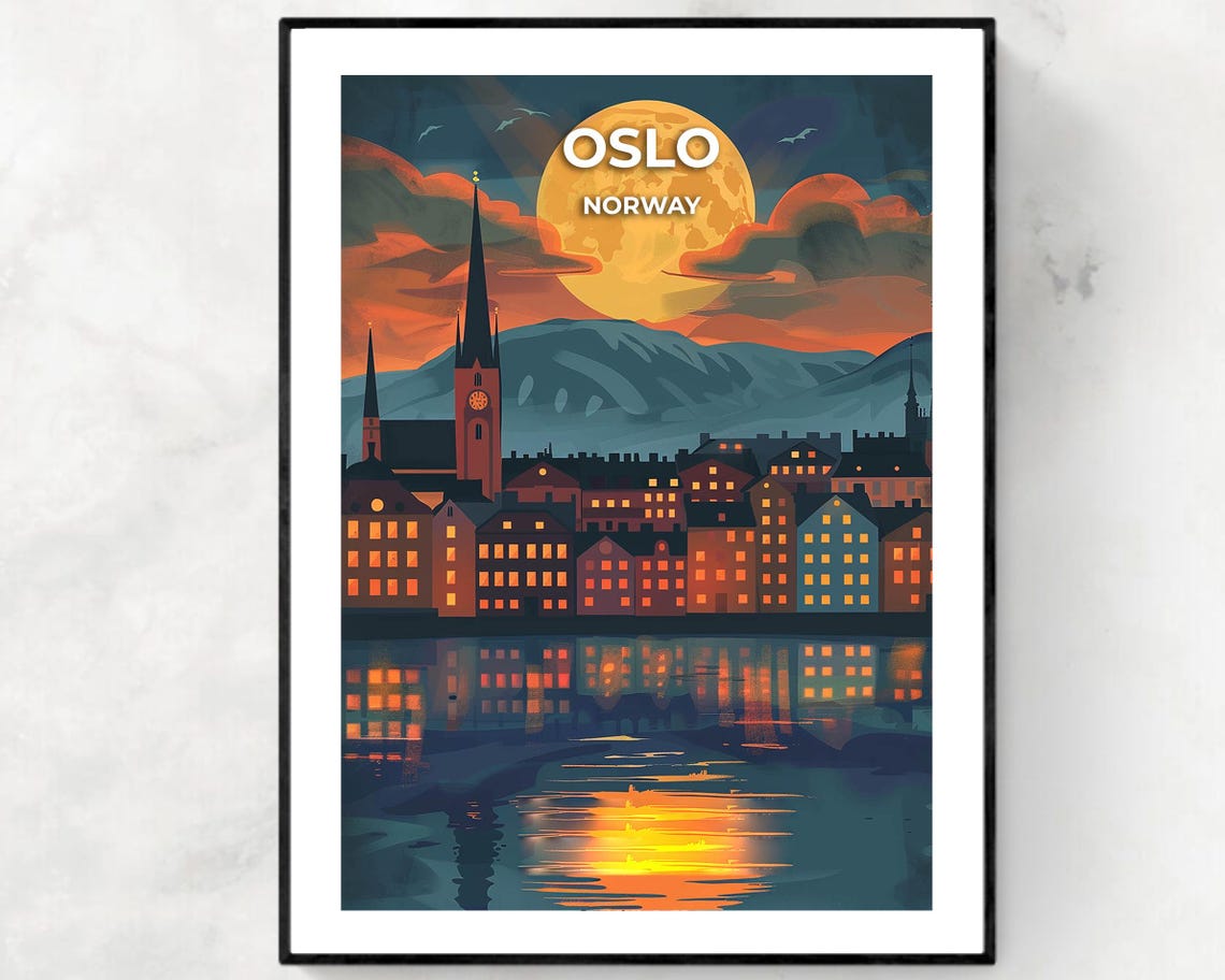 Oslo Harbor at Dusk Under a Giant Golden Moon Norway Travel Poster
