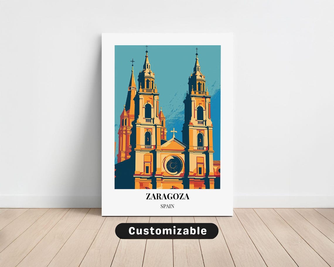 Zaragoza Spain Cathedral Towers Teal Sky Vintage Travel Poster